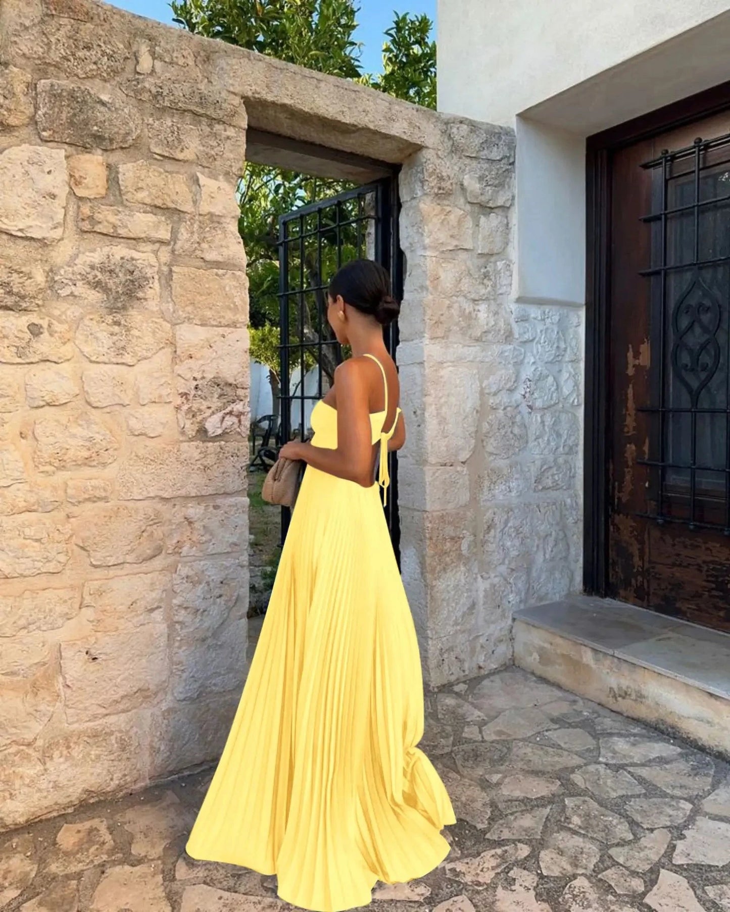 2025 High Waist Pleats Robe Dress Casual Sleeveless Solid GlowCart