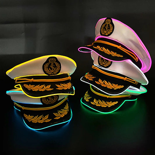 New Luminous Captain Hat LED Sailors Hat Glow In The Dark Nautical Themed Party Costume Cosplay Party Light Up Navy Cap Props GlowCart