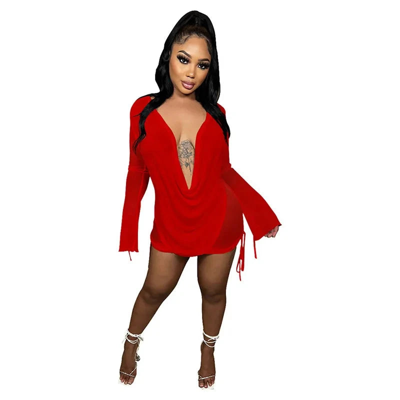 Sexy Mesh Deep V Elastic Dress Halter Elegant Chic Vintage GlowCart