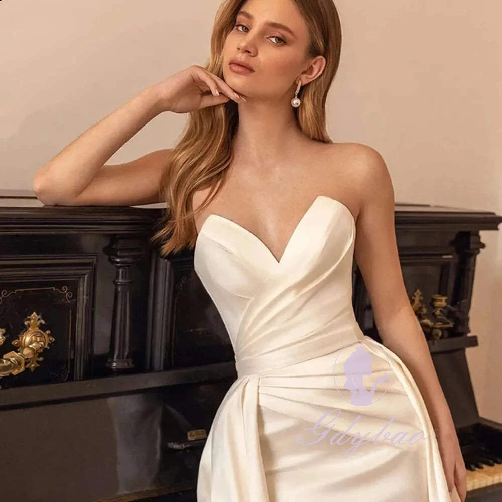 Ivory Satin Evening Dress Women Off Shoulder Pleated Bridal