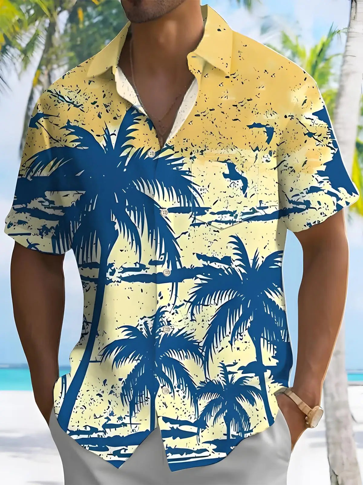 New Hawaii Spring/Summer Fashion Leisure Street Walk Tourist Beach Printed Full Open Short Sleeve Button Shirt, Quick Shipping GlowCart