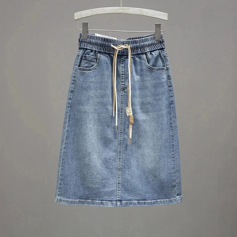 Korean Lady Large Size 5XL Denim Maxi Skirt Spring Summer Women Lace Up Jeans Long Skirts Femme In Half Body Cowboy A-line Skirt GlowCart