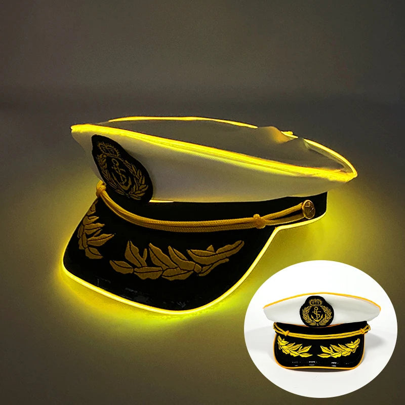 New Luminous Captain Hat LED Sailors Hat Glow In The Dark Nautical Themed Party Costume Cosplay Party Light Up Navy Cap Props GlowCart