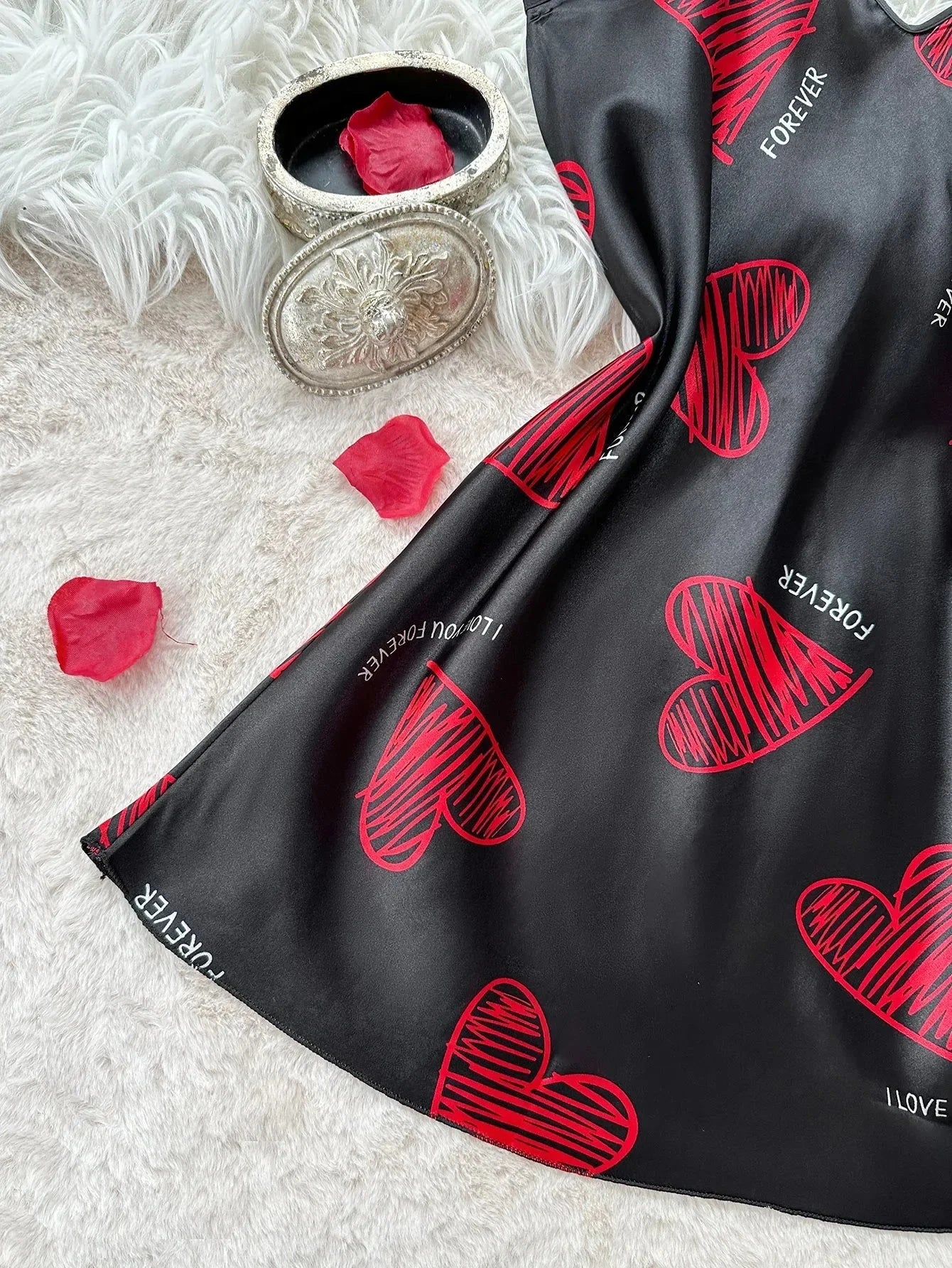 Valentine's Day Red Lip Print Satin Slip Nightdress V Neck GlowCart