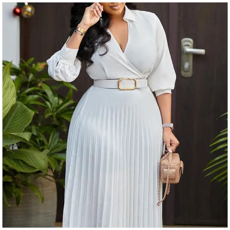 Autumn Women Pleated V Neck Long Sleeve Belt Midi Dress Elegant Long Sleeve Belt Red White Evening Party Dresses Robe Sexy Femne GlowCart