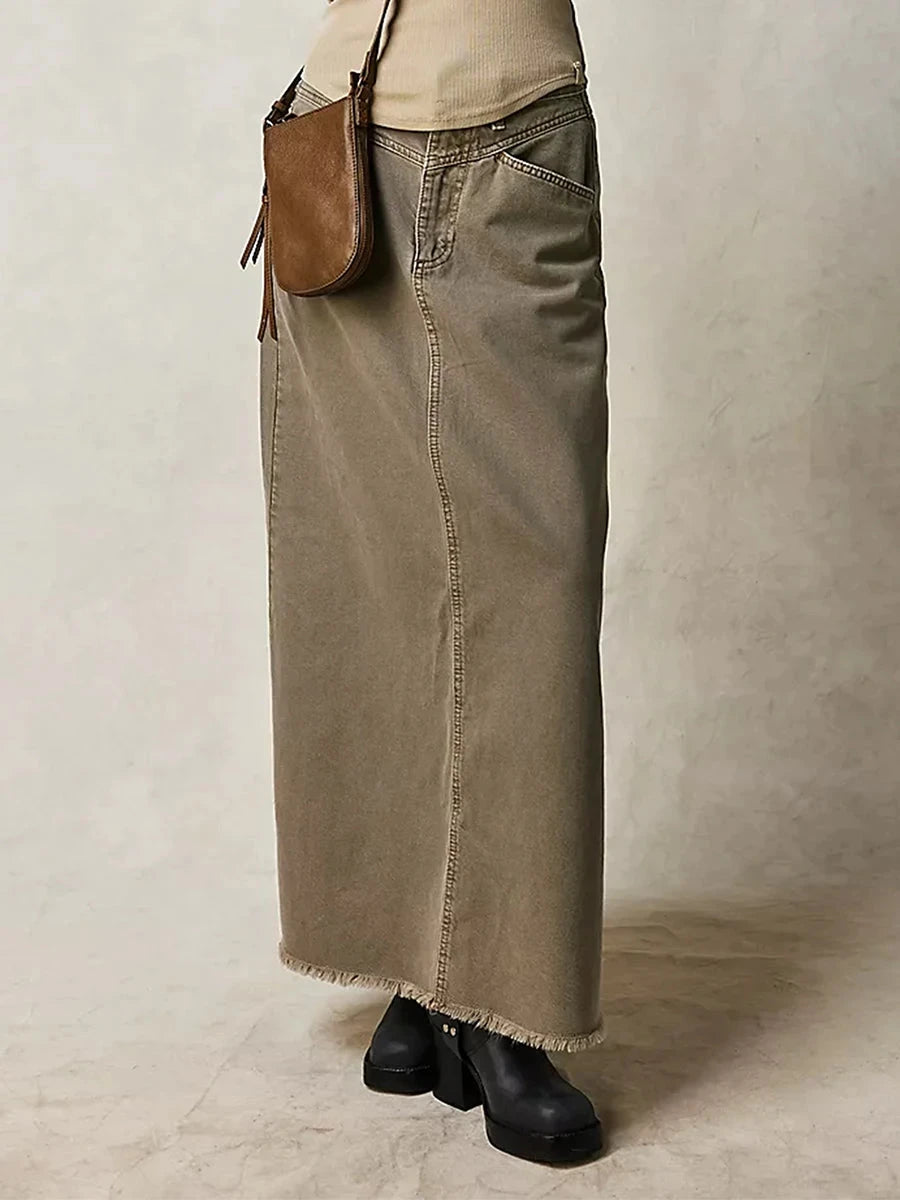 Women Y2K Vintage Denim Maxi Skirt High Waist A-Line Frayed Hem Loose Long Jean Skirt OOTD Streetwear GlowCart