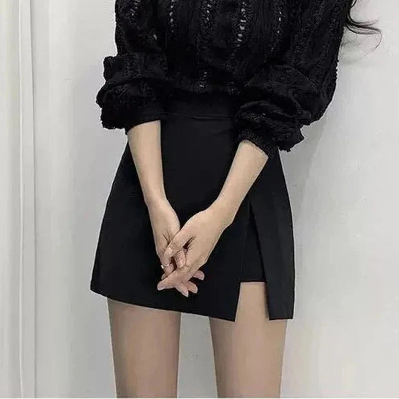 Black Mini Skirts Women Irregular Side Slits High Waist A GlowCart
