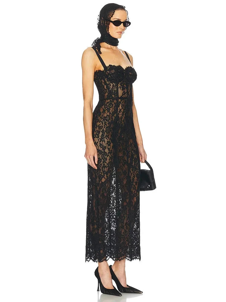 Sexy Spaghetti Strap V Neck Lace Long Dress Women Black GlowCart