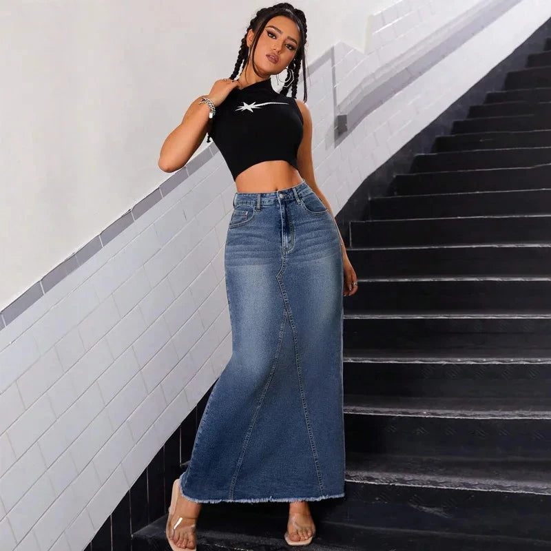 Skirts Women Denim Long Skirt Hip Wrap High Waist Stretch Pockets Washed Female Summer Streetwear Vintage A Line Distressed 2025 GlowCart