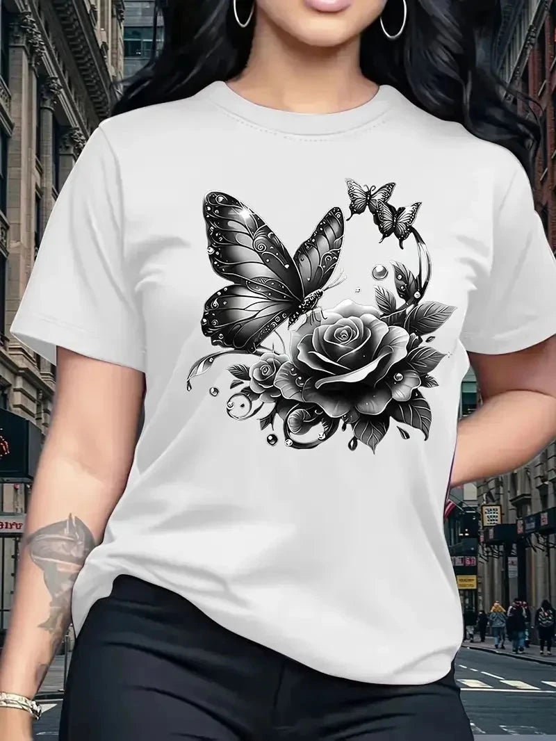 Women's Rose Butterfly Print Fashion Casual T-Shirt Short GlowCart