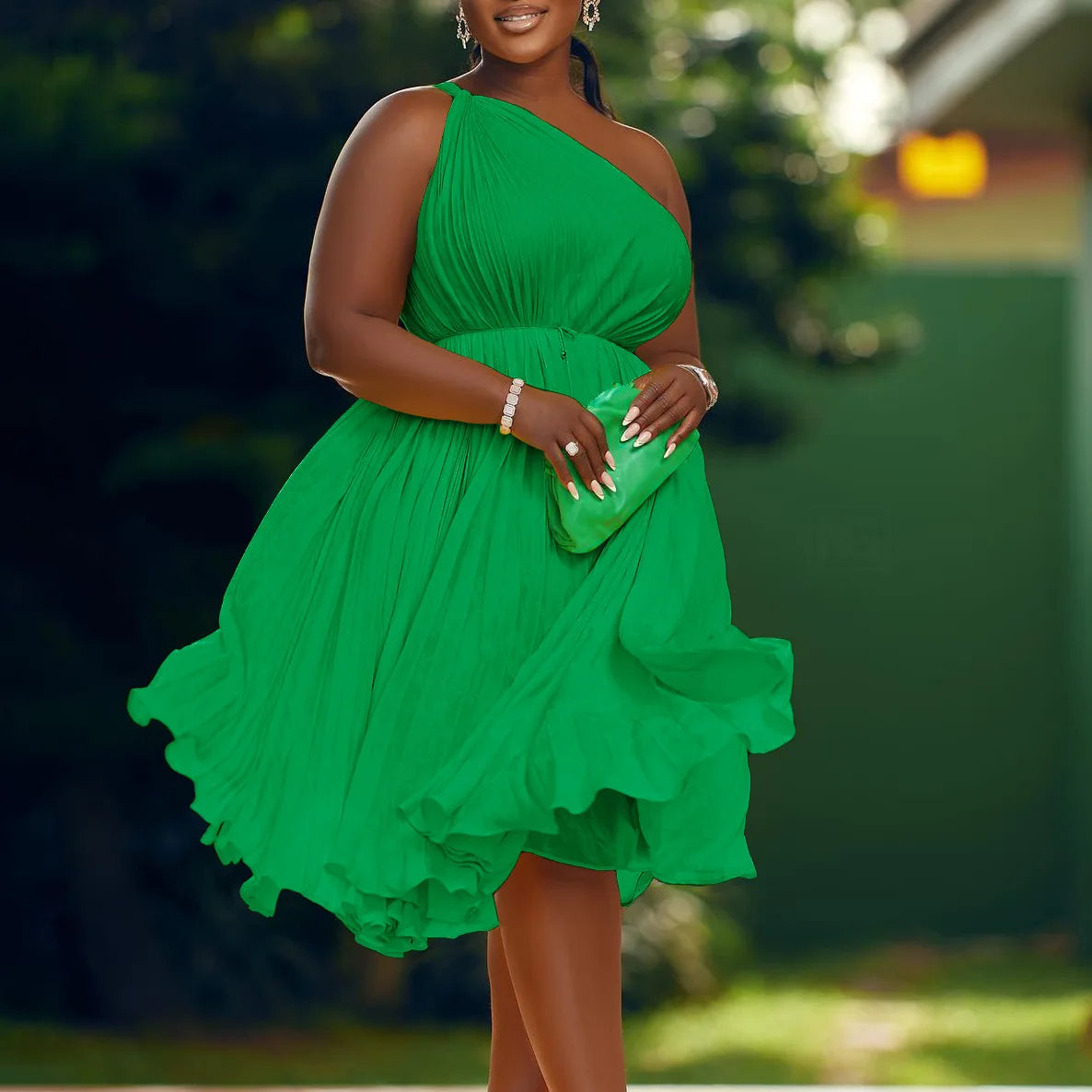 CM.YAYA Women One Shoulder Sleeveless Big Swing Pleated Knee Length Dress 2023 Fashion Street Vestidos Sexy Chic Dresses GlowCart