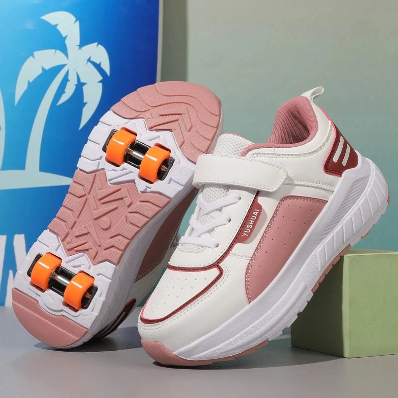 Childrens Roller Skates Fashion Double Row Four Wheel Sneakers Fully Automatic Breathe Anti-friction Rollerblade Shoes for Kids GlowCart