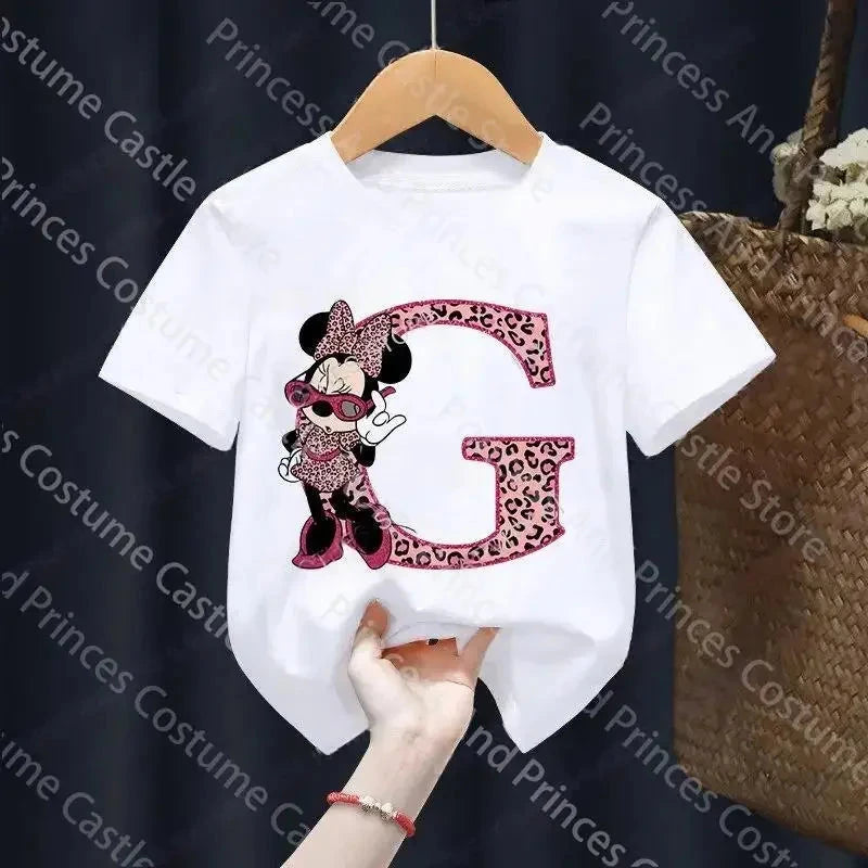 Letter A-Z Minnie Children  T-Shirts Name Combination Disney Kawaii Cartoons Clothes Kids Little Boy Girl Tee Shirts Casua GlowCart