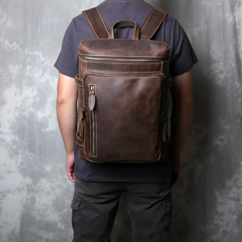 Retro Crazy Horse Leather Vertical Style Backpack Men's Head GlowCart