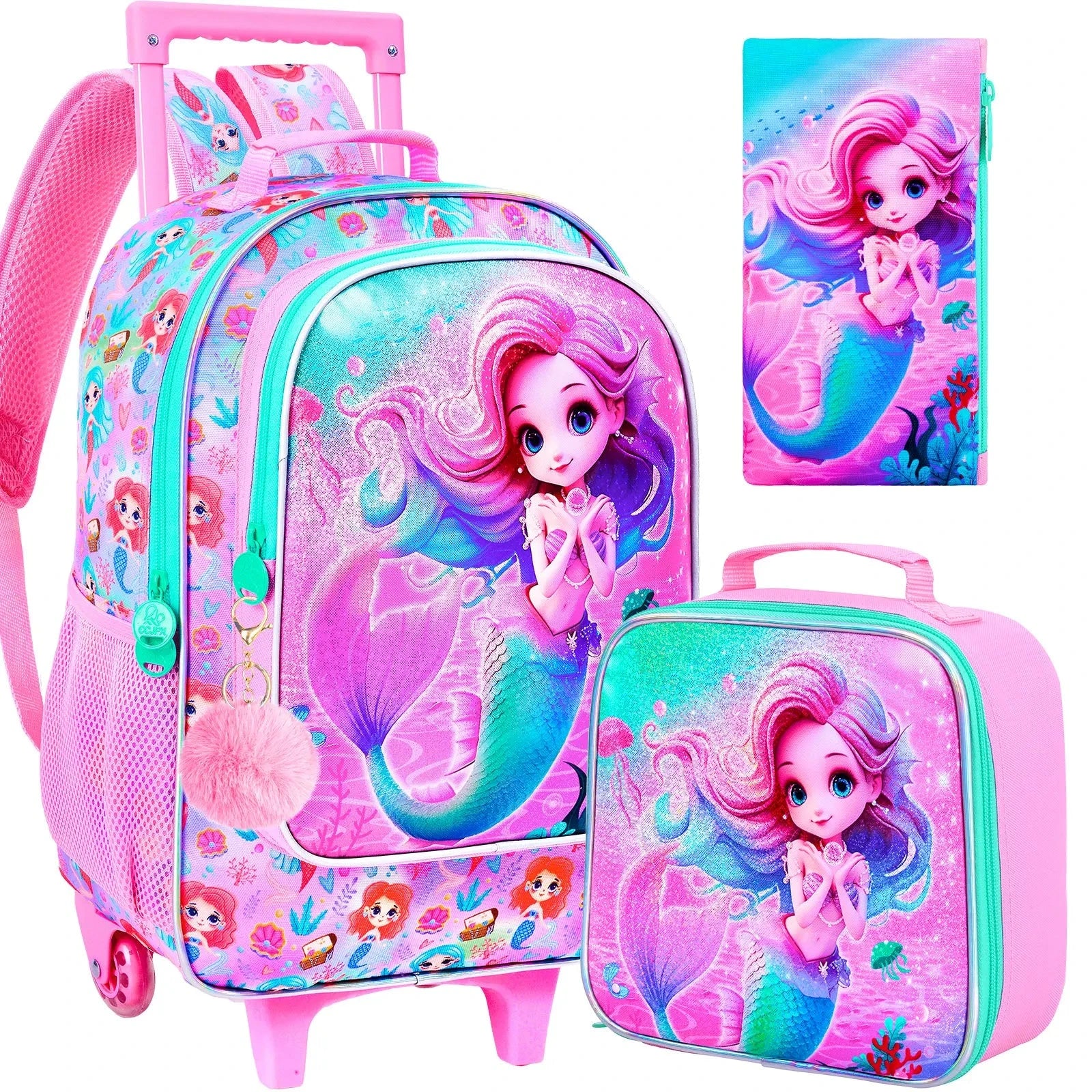 4PCS Rolling Bookbag for Girls, Cute Kids Mermaid Wheeled Backpack，Unicorn Roller School Bag with Wheels for Elementary Preschoo GlowCart
