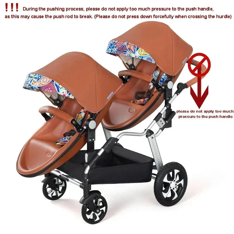 NEW luxury Twins baby stroller 3in1 high landscape new PU leather double stroller baby carriage twin strollers for 2 kids GlowCart