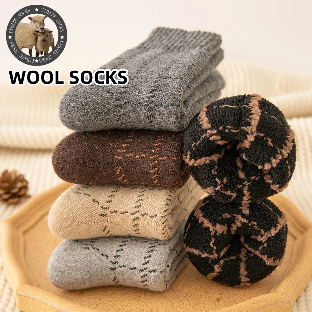 3 Pair Winter Thick Warm Men's Wool Socks Harajuku Retro Fashion Long Socks High Quality Breathable Business Thick Terry Socks GlowCart
