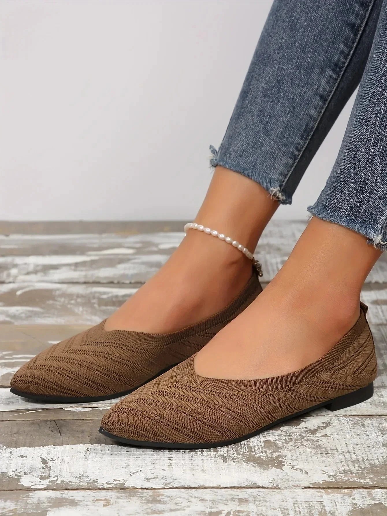 New 2024 Pointed Toe Flat Office Boat Solid Color Knitted GlowCart