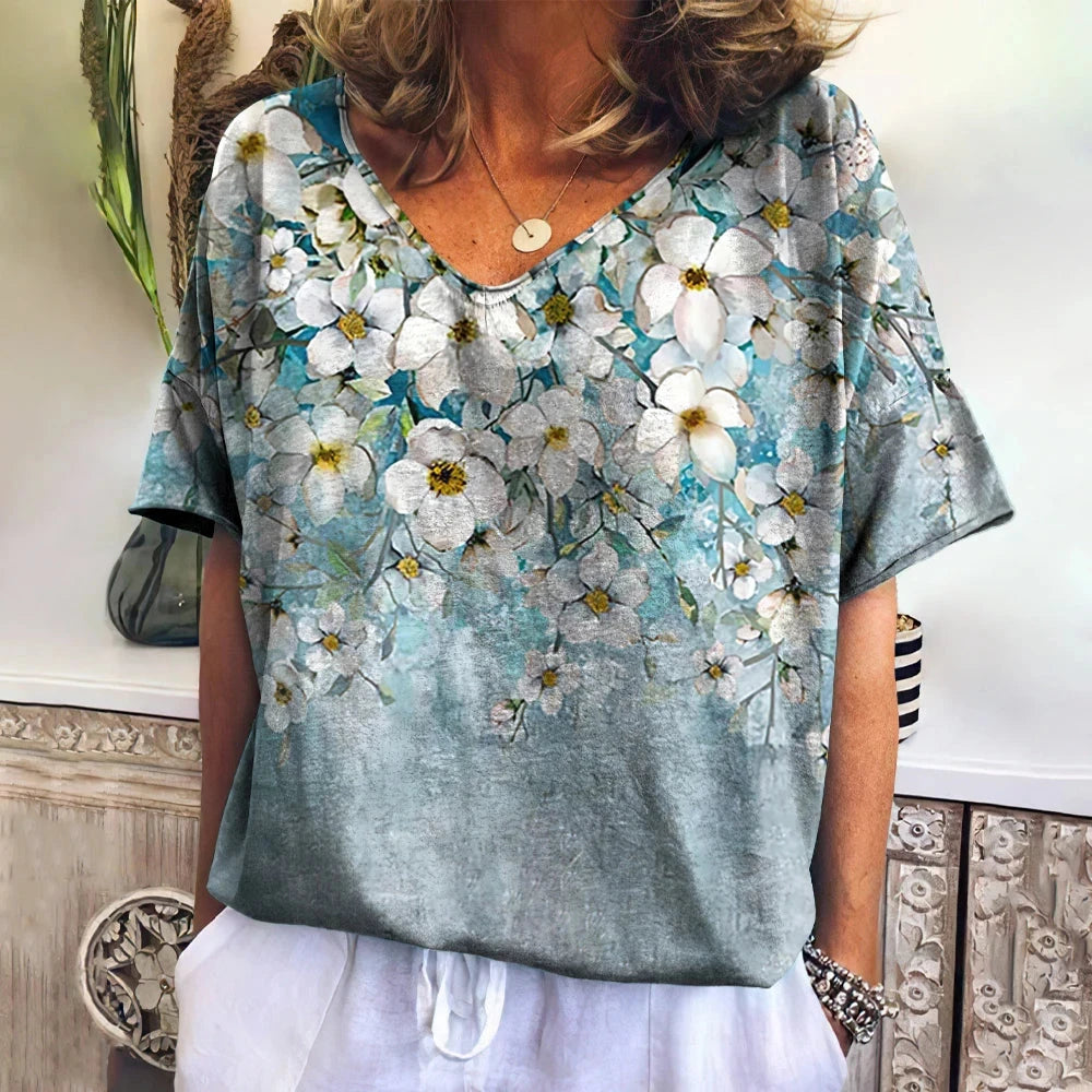 Women's T Shirts V-neck 3d Art Print Tops Loose Short Sleeve GlowCart