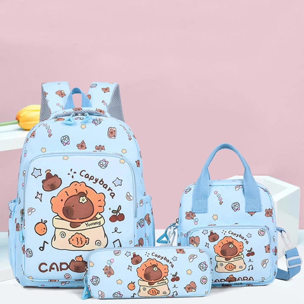3in1 School Backpack Set Nylon Cute Bookbag Going Out Cartoon Laptop Travel Bag Breathable Back Large Capacity Cute Capybara Bag GlowCart