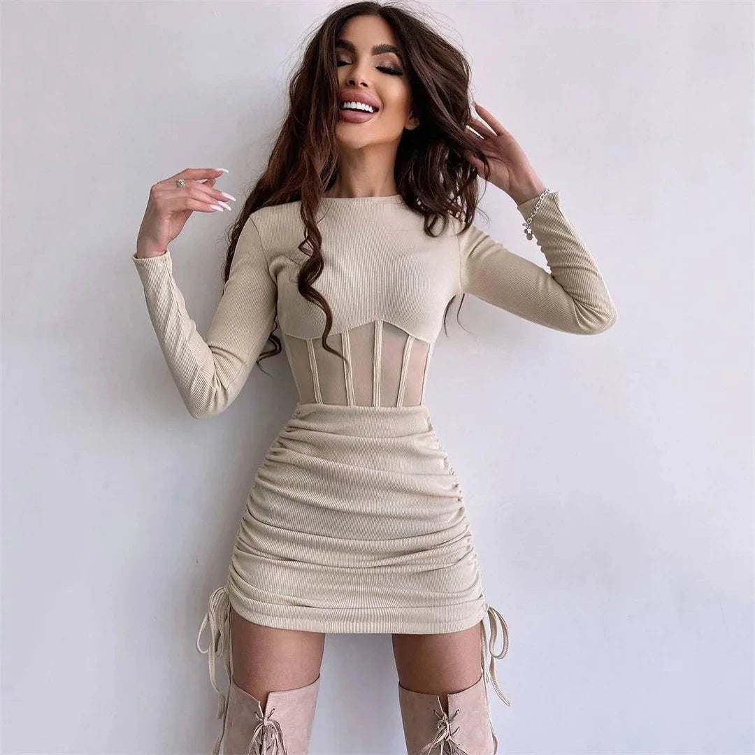 Shirring Mesh Hollow Out Bodycon Dress Women O Neck Long GlowCart