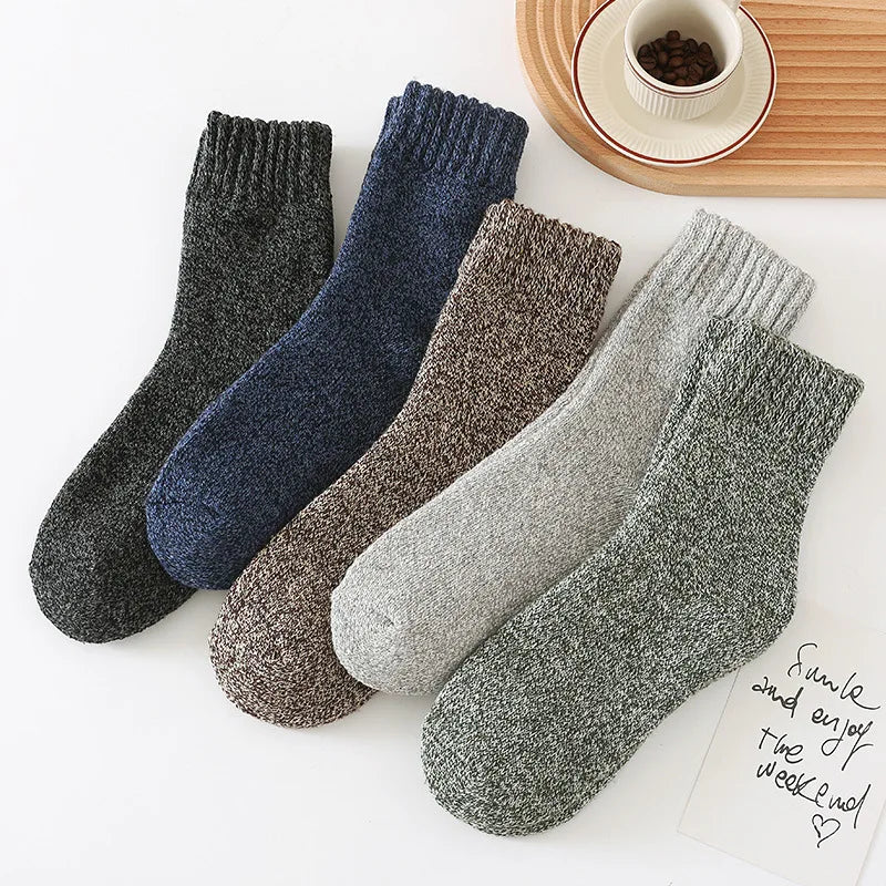 5 pairs of men's mid-calf thick winter fleece-lined thermal terry socks, blended cashmere solid color towel socks GlowCart