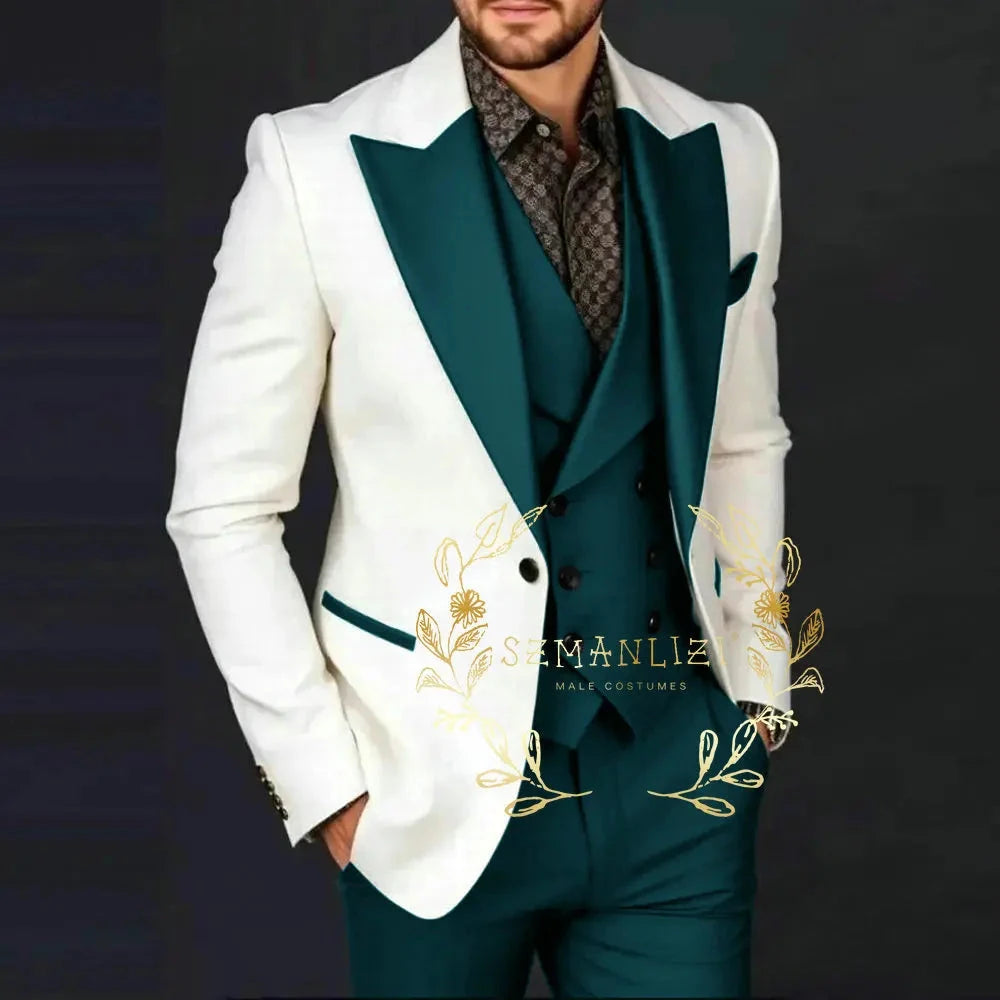 Ivory Jakcet Dark Green Vest Pant Men's 3-piece Suit Set GlowCart