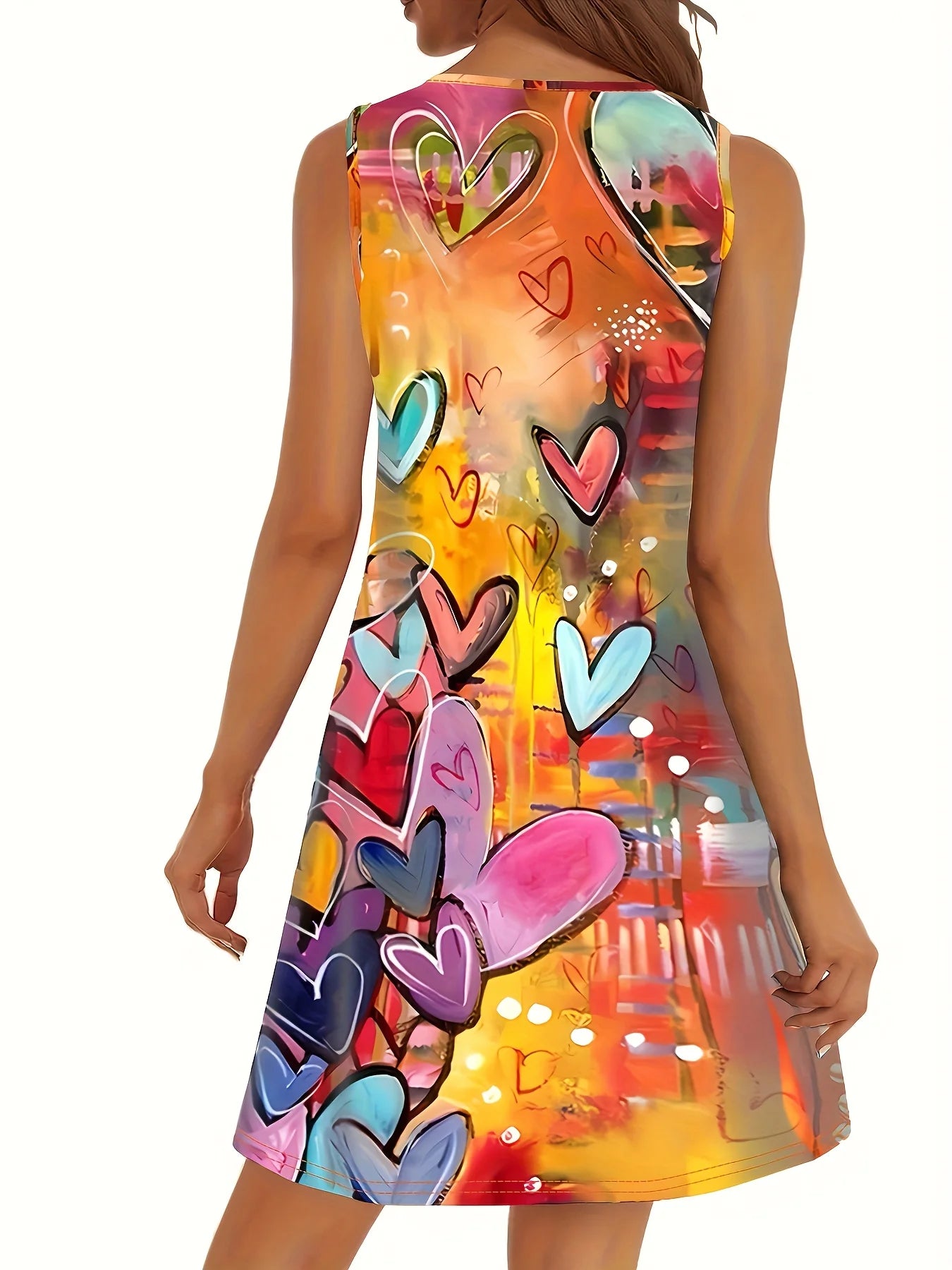 Summer Round Neck Sleeveless Elegant Love Dress Women'S Apparel Colored Geometric Heart Bohemian Women's Dress Female Clothing GlowCart