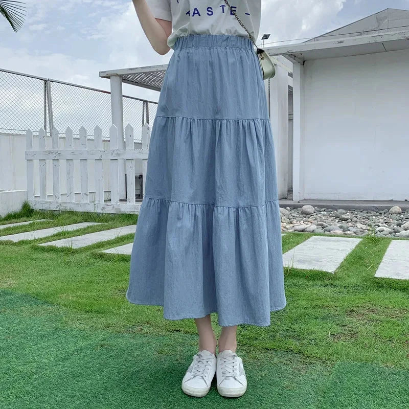 Soft Slik Denim Midi Skirt for Women Blue Jean Elastic Waist Tiered Flared Long Skirt Summer Vintage Casual Daily Outfit GlowCart
