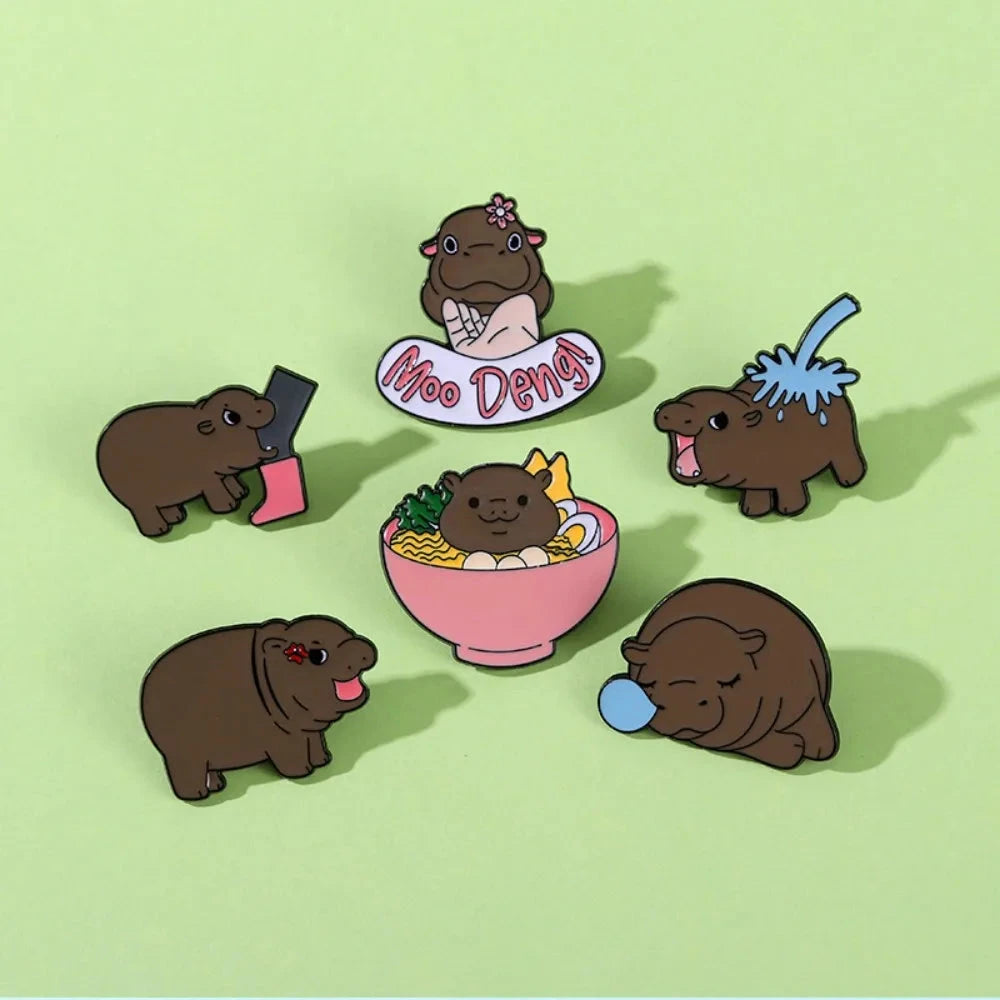 Cute Hippopotamus Enamel Brooch Cartoon Animal Thai MooDeng GlowCart