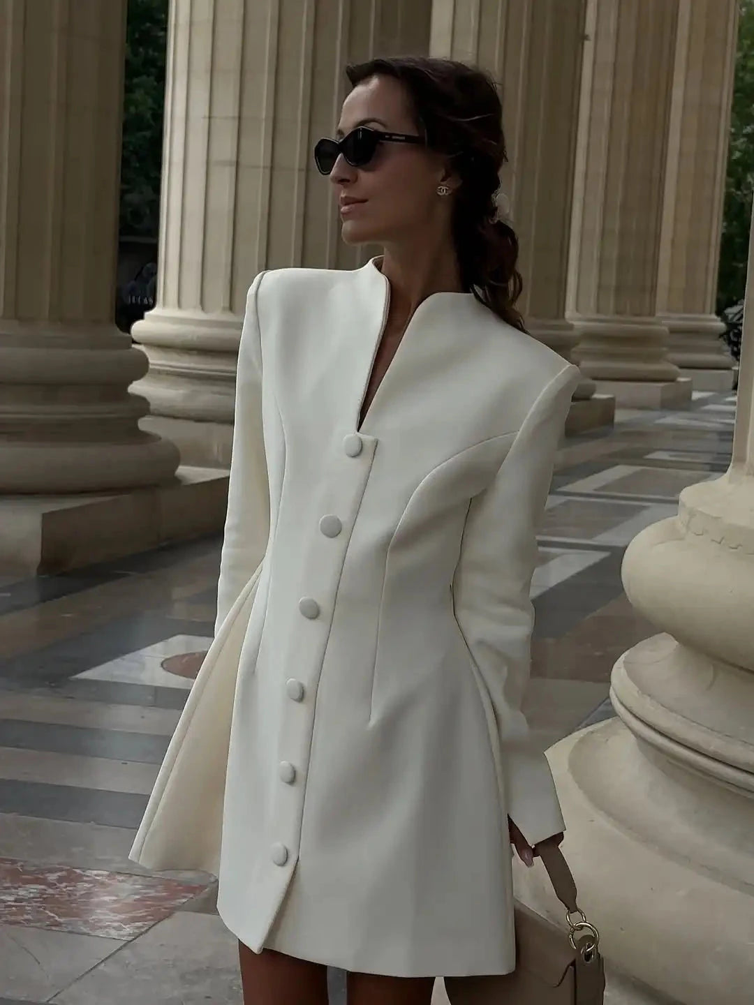 White Single Breasted A-line Mini Dress Women Elegant Solid GlowCart