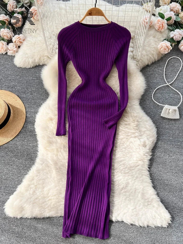 SINGREINY Winter Women Knit Maxi Dress O Neck Autumn Long GlowCart