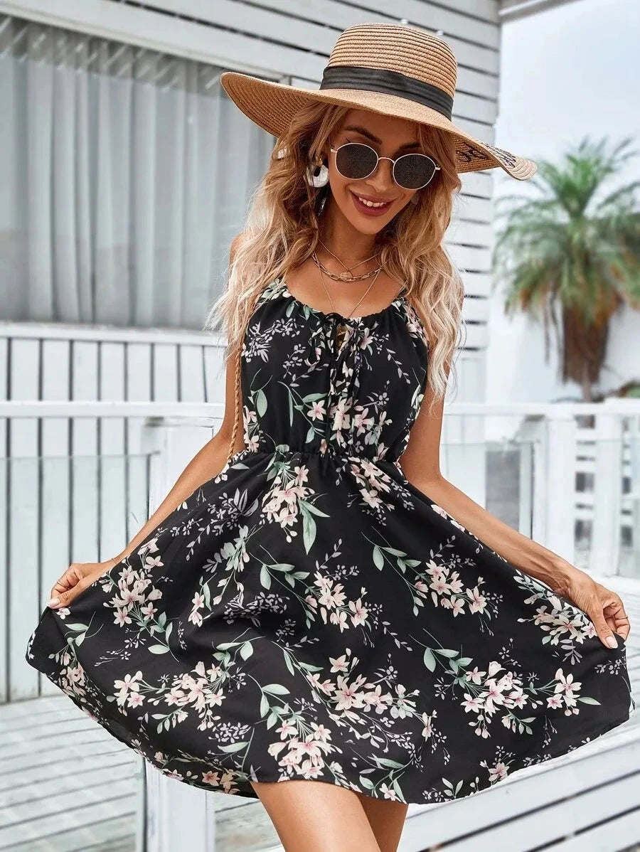 Sexy Floral Print Short Dress Women Summer Fashion Black GlowCart