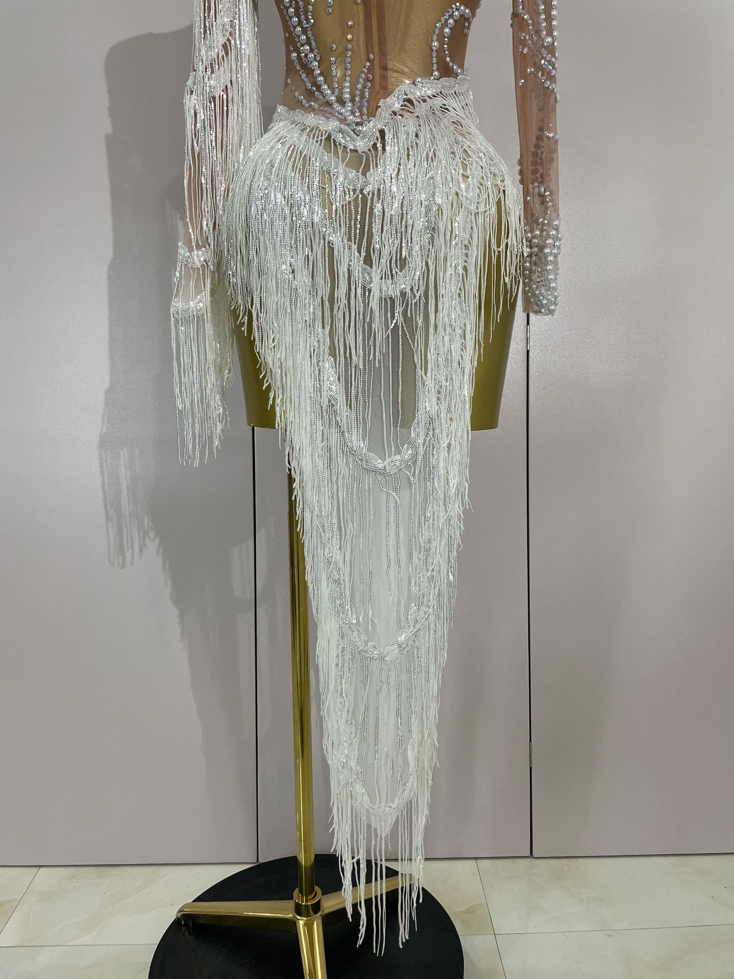 Women Sparkly Rhinestone Pearl Sequins Tassel Sexy