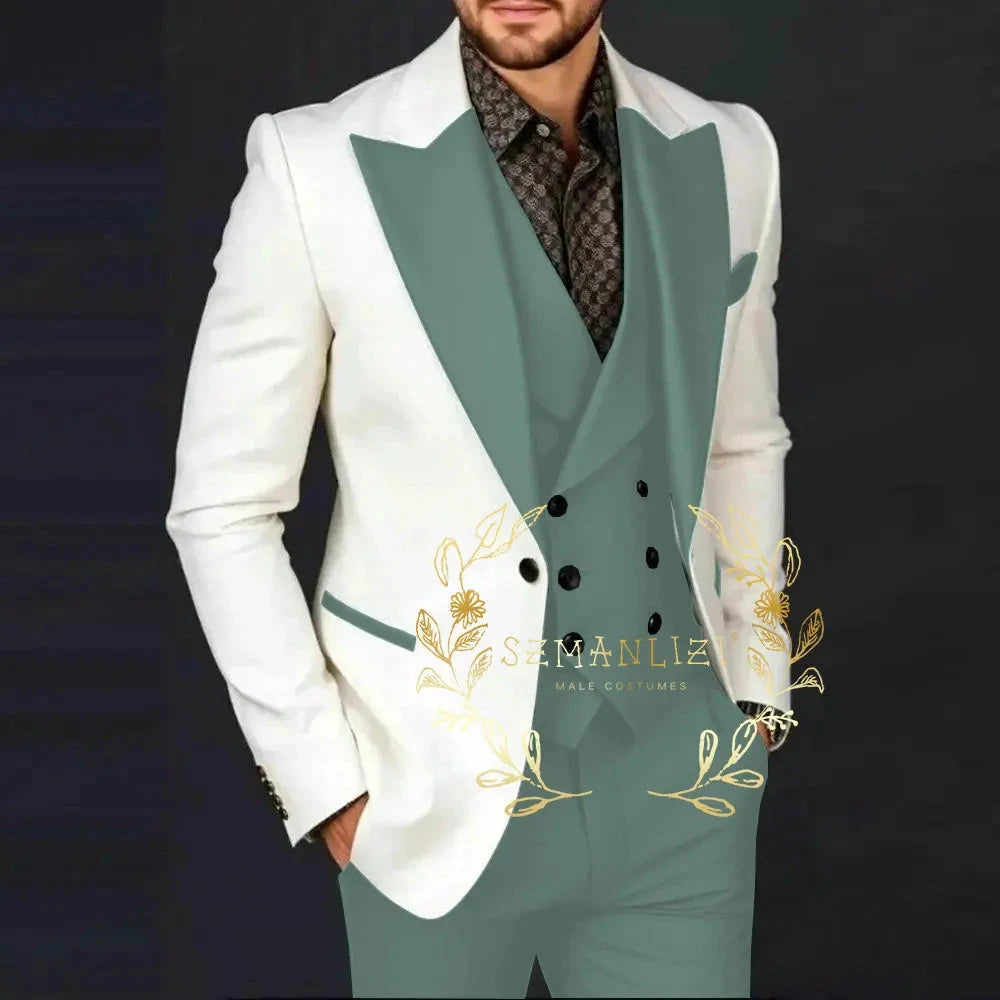 Ivory Jakcet Dark Green Vest Pant Men's 3-piece Suit Set GlowCart