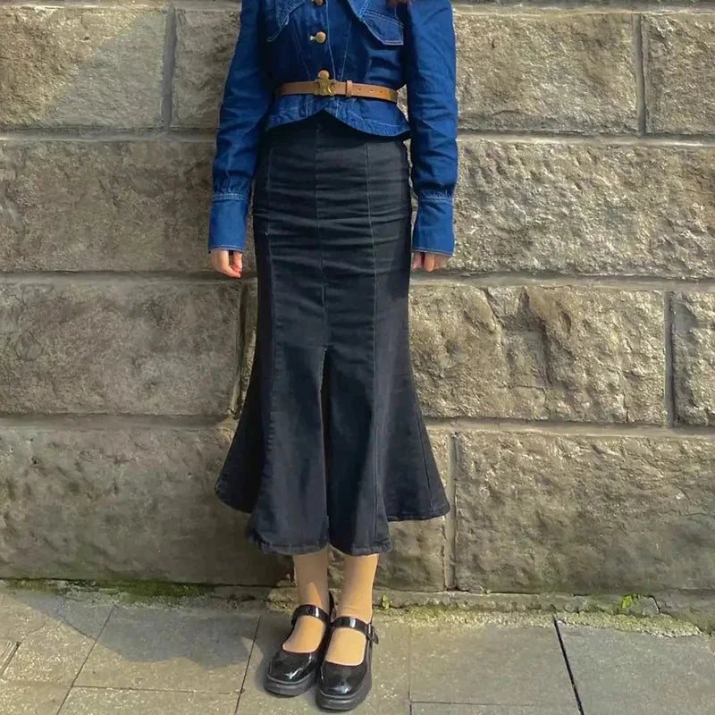 Rimocy High Waist Mermaid Denim Skirt Women Summer Trumpet Split Long Skirts Woman Korean Style Hip-Wrap Flare Middle Skirt GlowCart