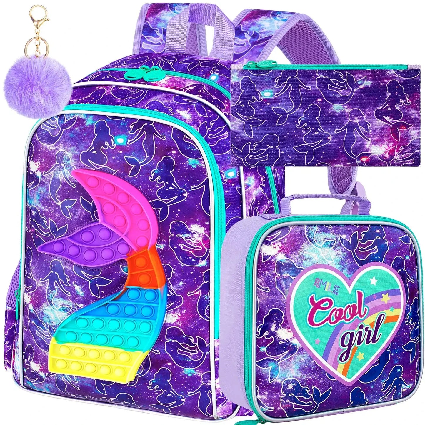 3PCS  Backpack for Girls, 16" Kids Backpacks with Lunch Box, Water Resistant Girl Bookbag for School Elementary GlowCart