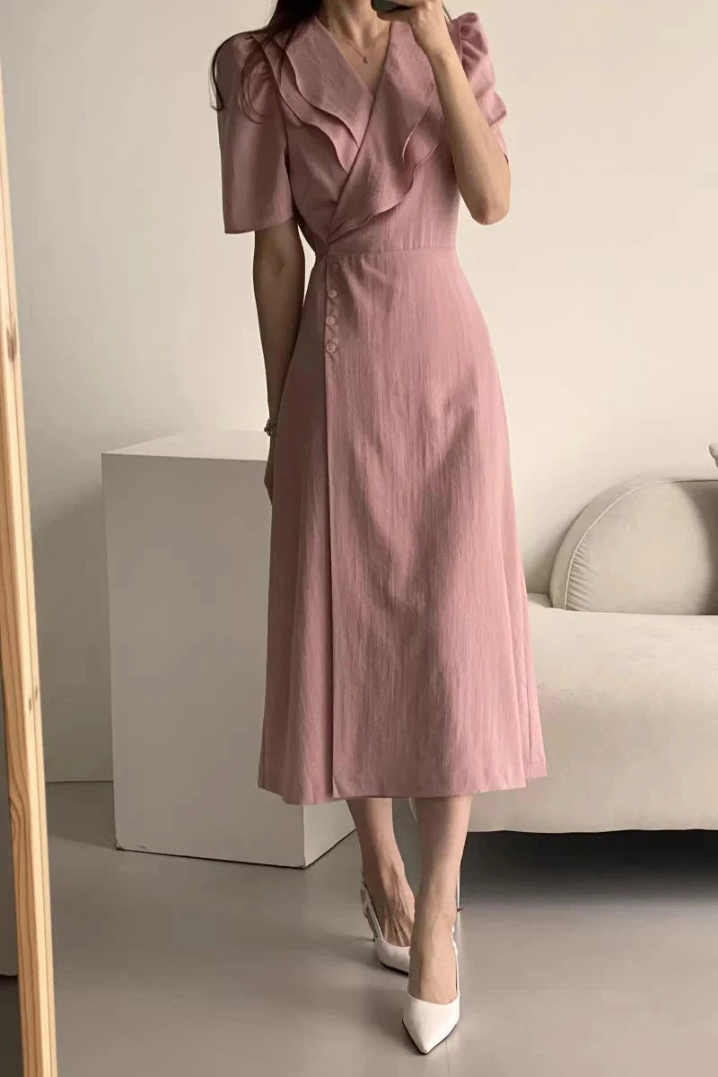 Summer New Chic V-ne Turn-down Collar Slimming Waist Midi Dr GlowCart