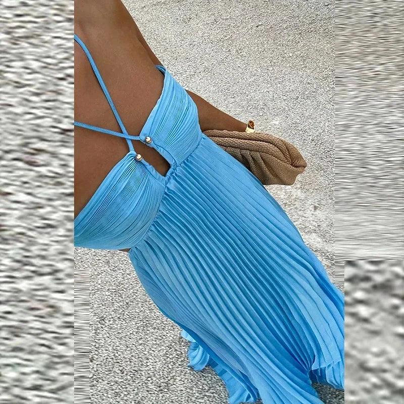 2025 High Waist Pleats Robe Dress Casual Sleeveless Solid GlowCart