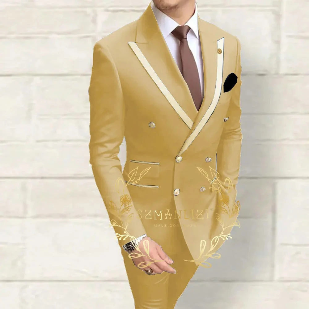 Double Breasted Men's Suits Navy Blue Peaked Lapel Slim Fit GlowCart