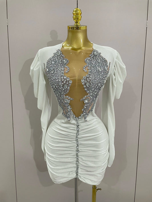 Luxury Sparkly Crystals Sexy Mesh White Velvet Short Dress GlowCart