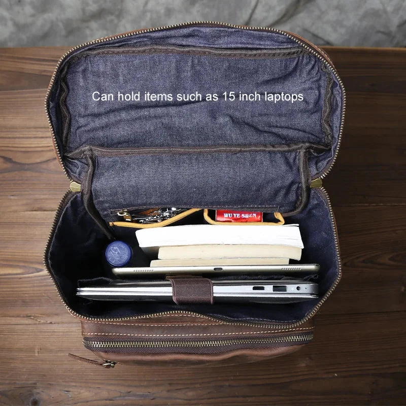 Retro Crazy Horse Leather Vertical Style Backpack Men's Head GlowCart