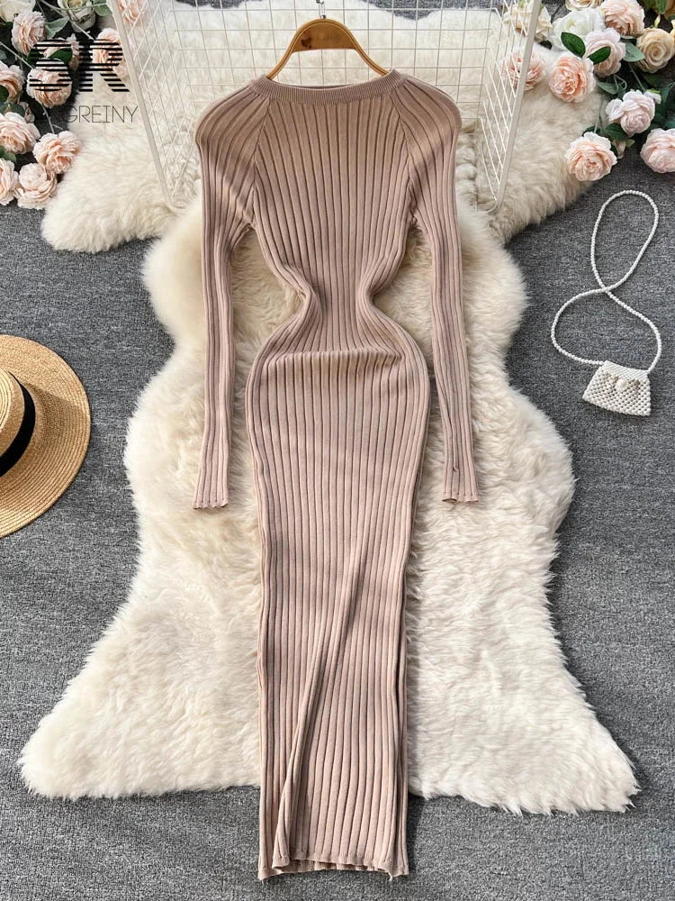 SINGREINY Winter Women Knit Maxi Dress O Neck Autumn Long GlowCart