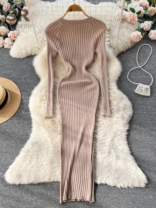 SINGREINY Winter Women Knit Maxi Dress O Neck Autumn Long GlowCart