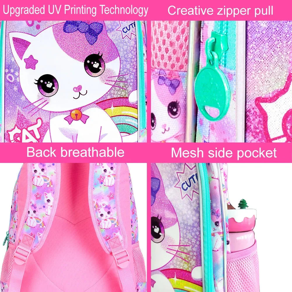 3PCS Backpacks for Girls Cute Reflective Cat Bookbag for Elementary, Kids Water Resistant Backpack Set with Lunch Box GlowCart