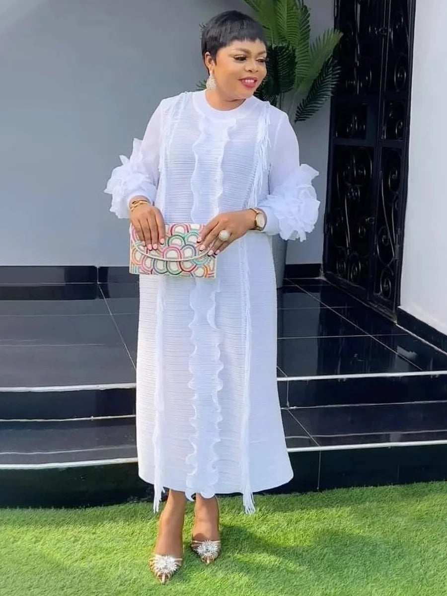 EGRM Miyake Pleated Dress Round Collar Full Sleeve Ruffles GlowCart