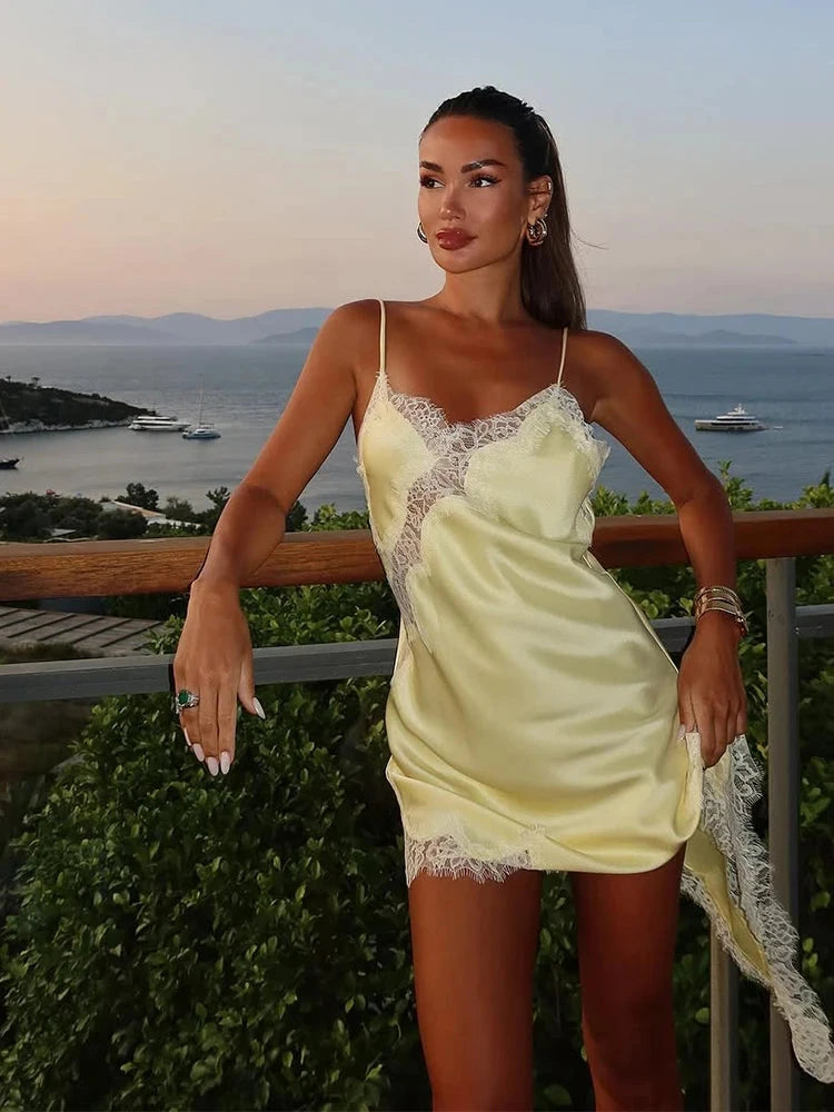 Sexy Lace Patchwork Sling Dress Women Satin Off-shoulder GlowCart