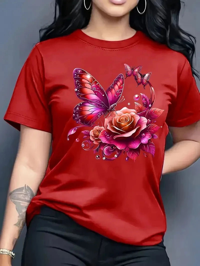 Women's Rose Butterfly Print Fashion Casual T-Shirt Short GlowCart