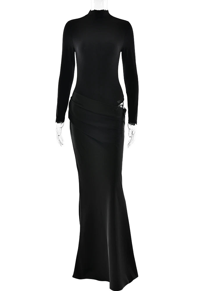 JULISSA MO Turtleneck Satin Sexy Hollow Out Zipper Women Maxi Dress Black Patchwork Long Sleeve Slim Elegant Party Evening Dress GlowCart