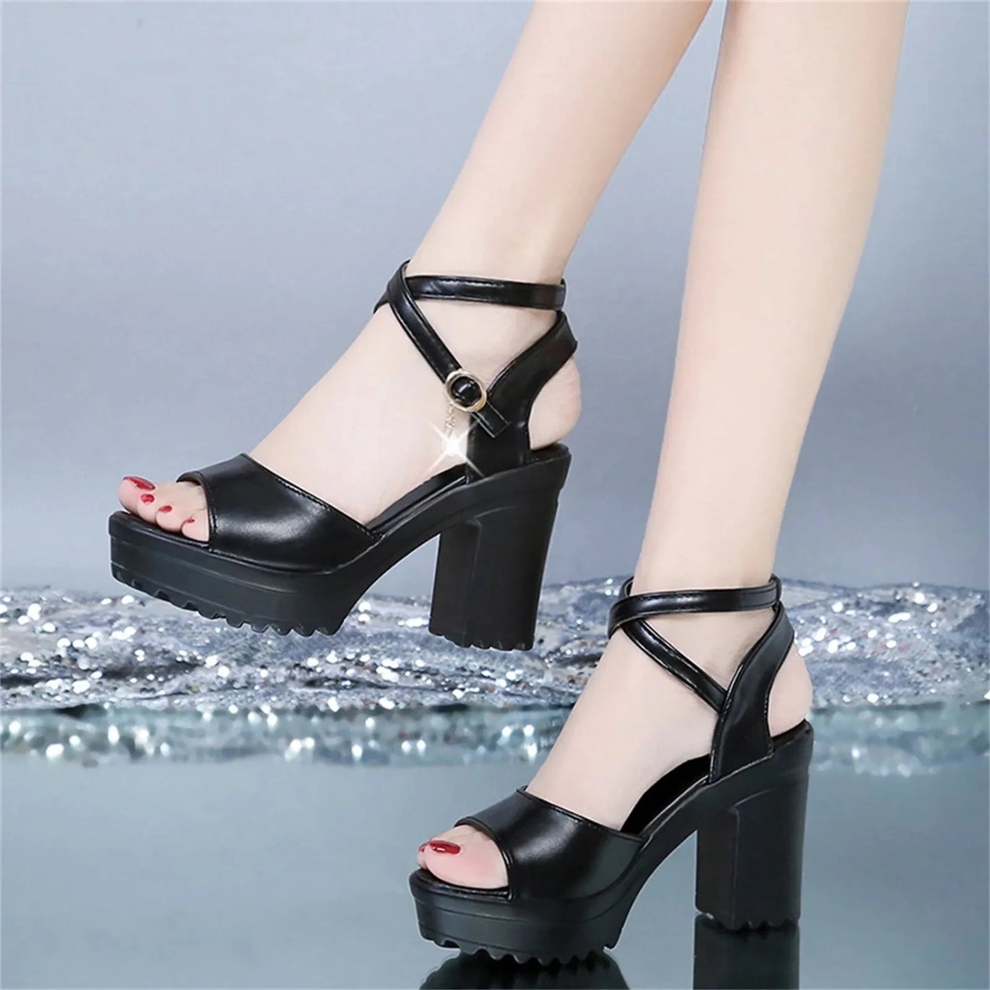 Women Shoes Fish Mouth Platform High Heels Wedges Buckle GlowCart